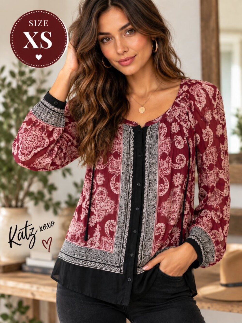 Lucky Brand XS Burgundy Paisley Bandana Print Border Boho Button Blouse Artisan